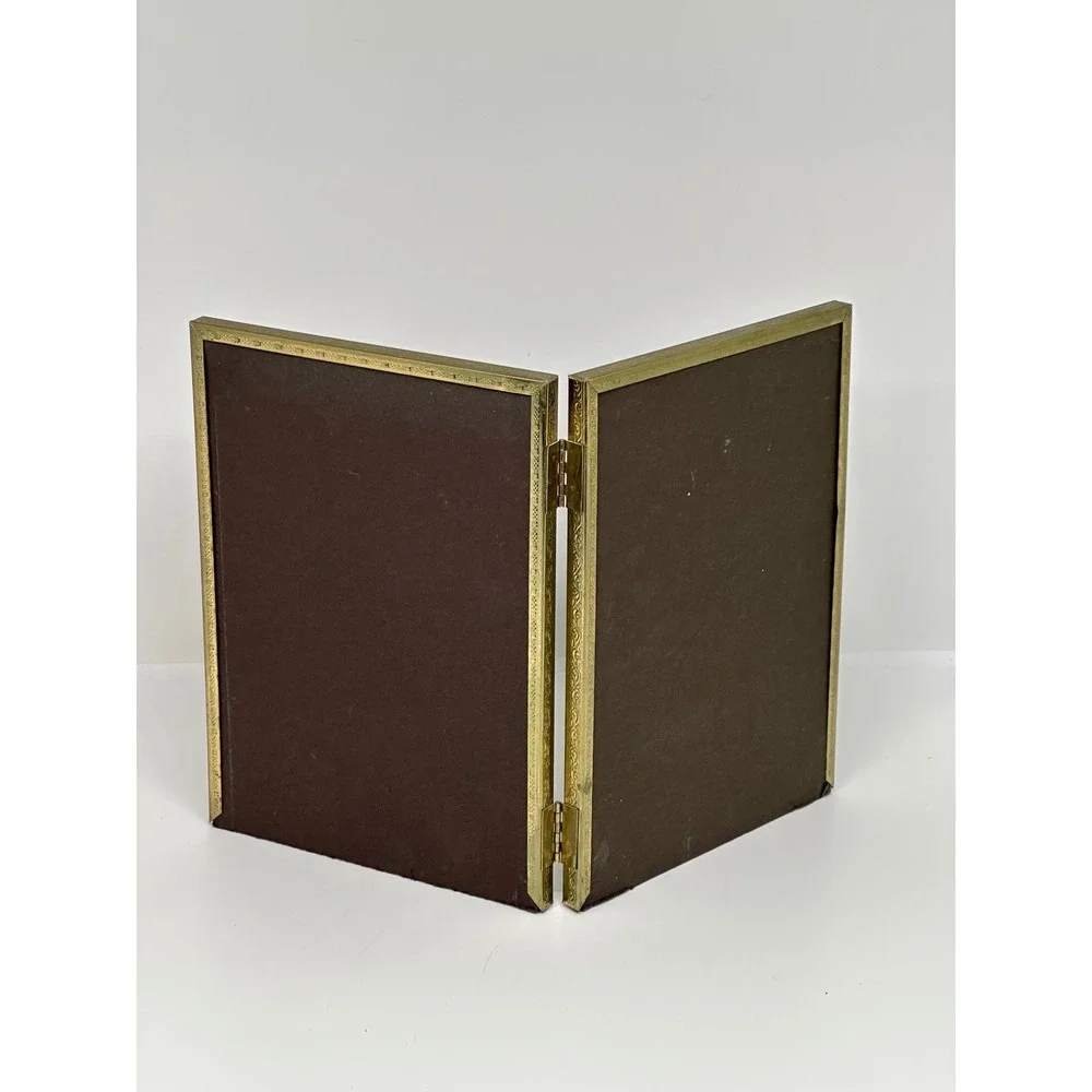 VTG Double Picture Frame Gold Metal‎ Hinged Folding Beaded Border Tabletop 5x7